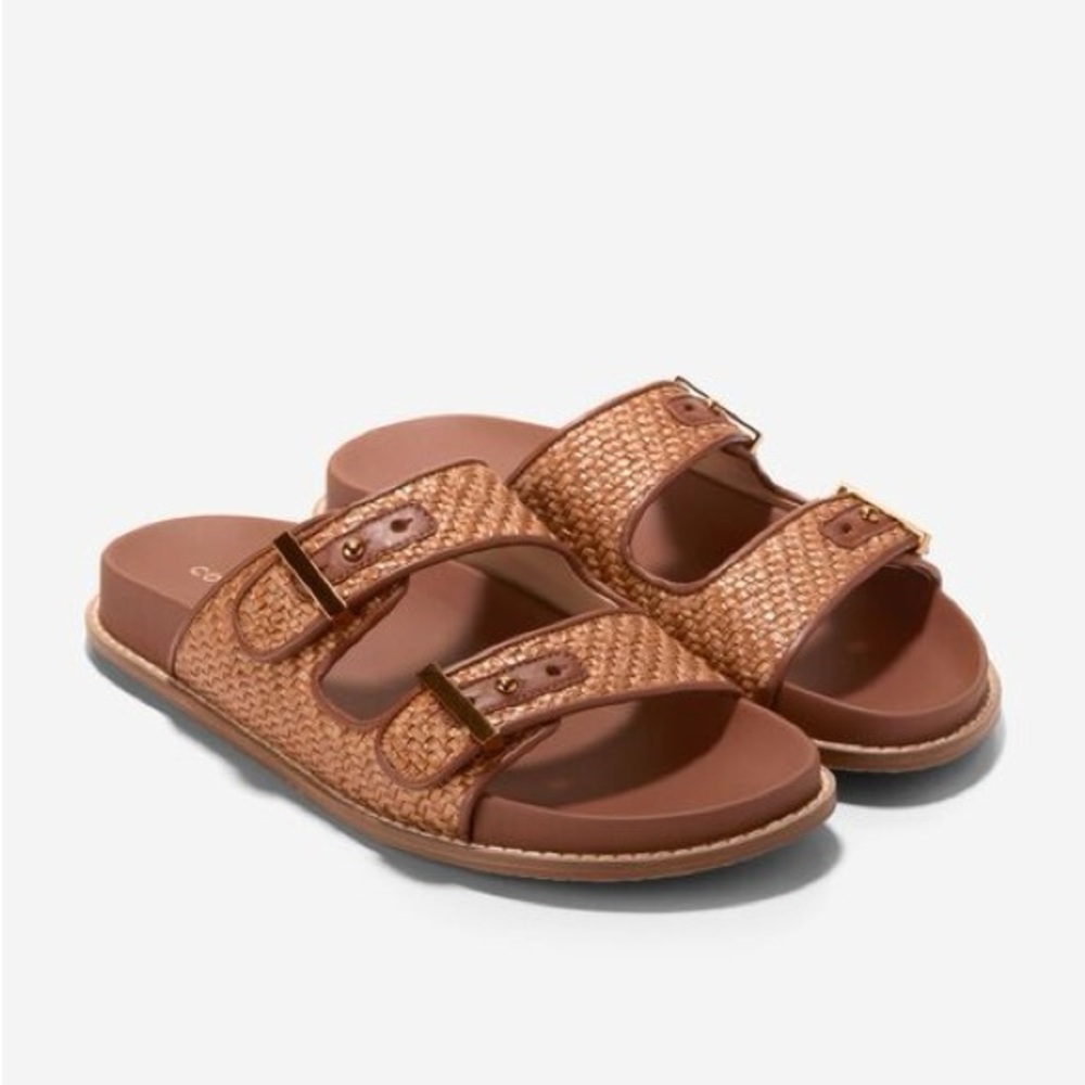 Cole Haan Tan Woven Double-Buckle Slide Sandals
